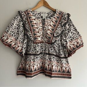 Calypso St. Barth Black and Brown Bohemian Ruffled Top Medium